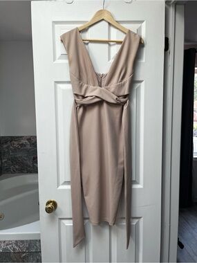 Royal Nookie Taupe Twist-Front V-Neck Midi Dress